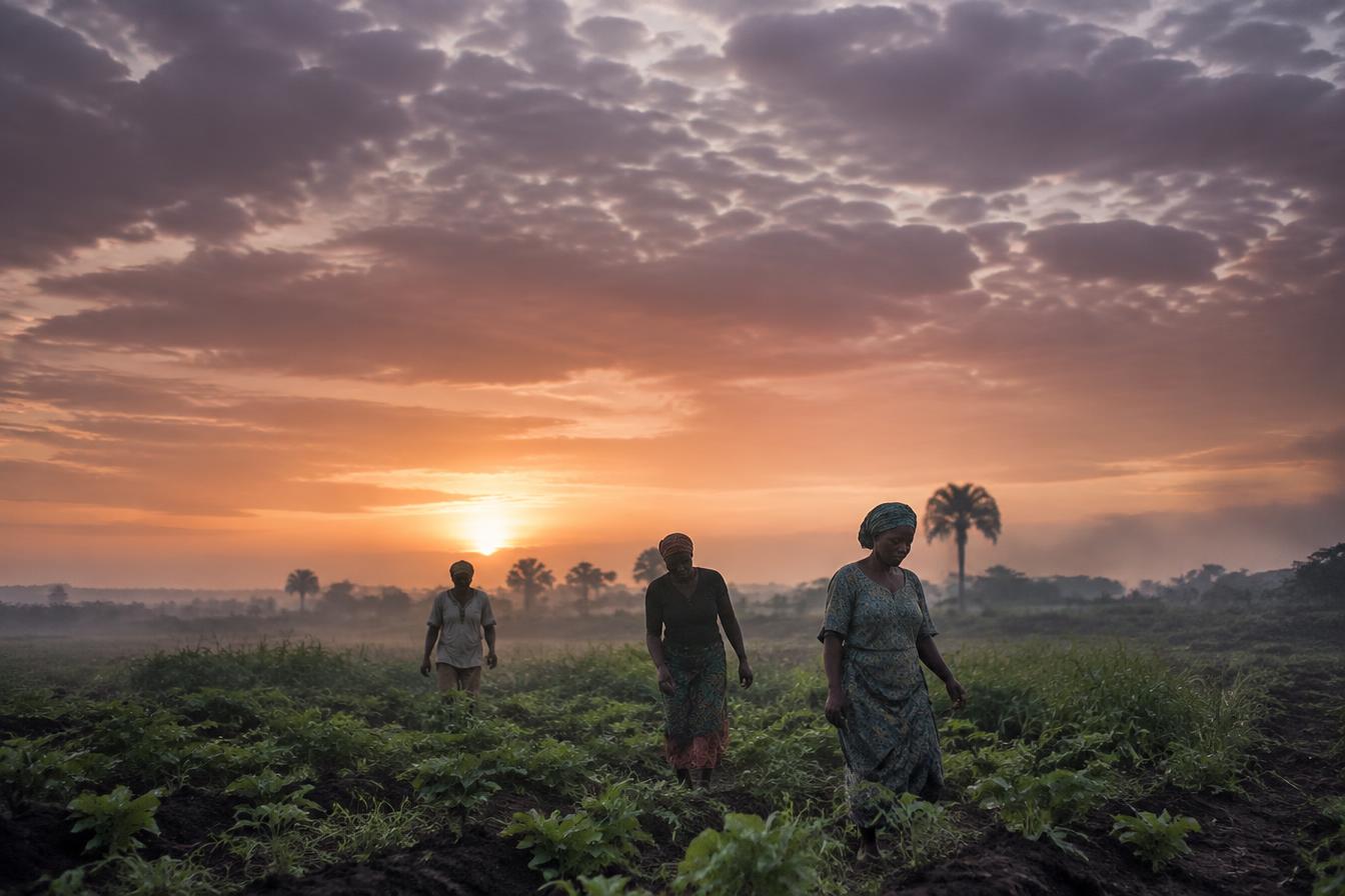 Farmers at dawn on Nigerian farmland